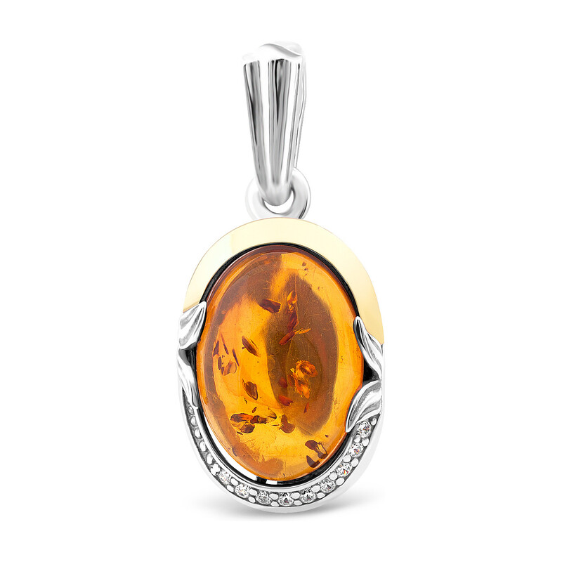 Zawieszka srebrna owalny bursztyn ze złotą blaszką i cyrkoniami PX 224_AU375 blaszka gold