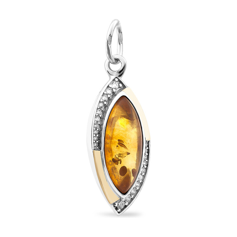 Kolczyki srebrne łezka z bursztynem, złotą blaszką i białymi cyrkoniami PX 522_AU375 blaszka gold