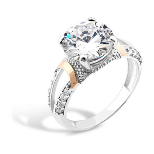 Pierścionek srebrny cyrkonia w czterech łapkach i złote blaszki na szynie