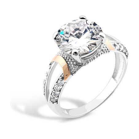 Pierścionek srebrny cyrkonia w czterech łapkach i złote blaszki na szynie