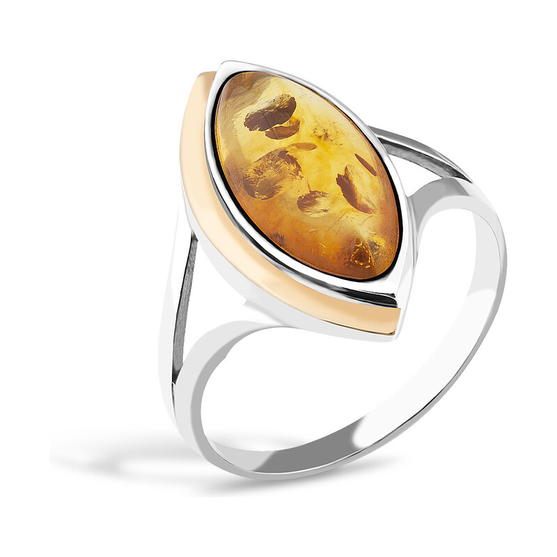Pierścionek srebrny kropla z bursztynem i złotą blaszką  PX 153_AU375 blaszka gold
