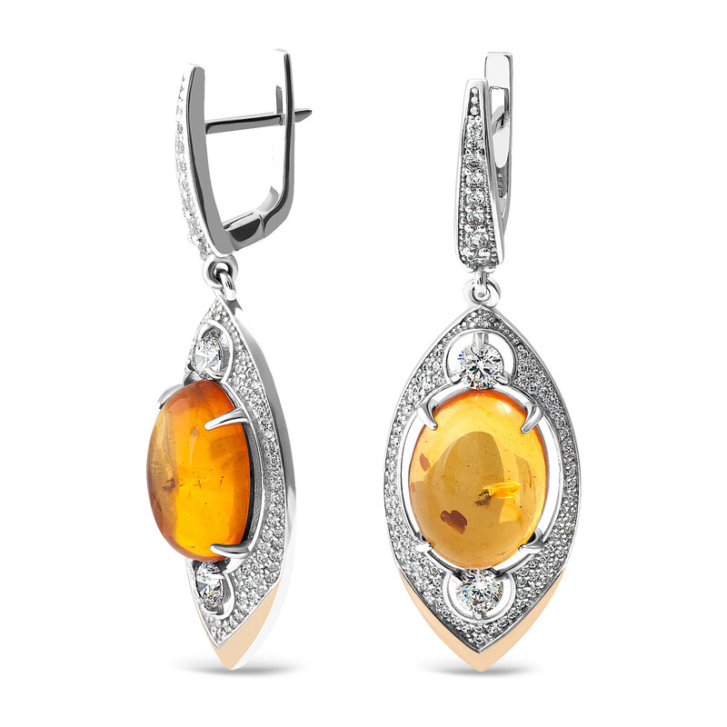 Kolczyki srebrne bursztyn miodowy w łezce z cyrkoniami/ang.zap. PX 628_AU375 blaszka gold