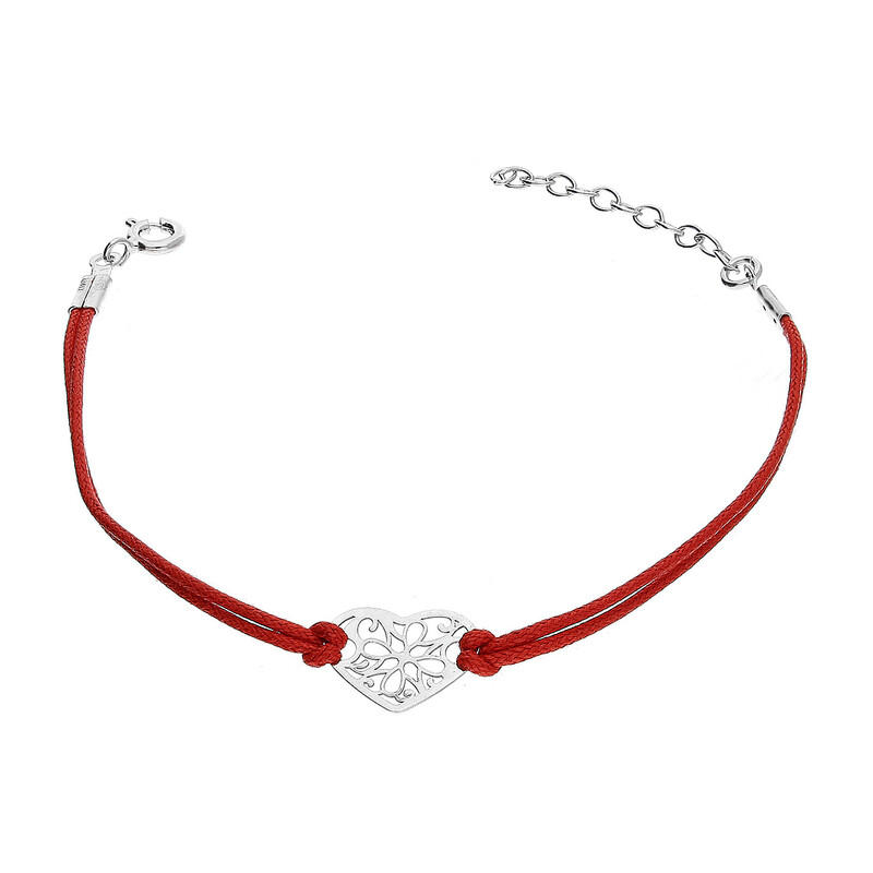 Bransoleta srebrna ażurowe serce na czerwonym sznurku PW NEW 280 ROD czerwony próba 925