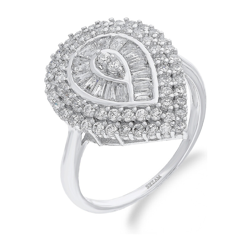 Pierścionek srebrny kropla z białymi cyrkoniami i bagietami A0183-1 próba 925