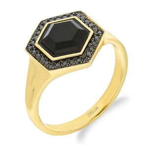 Pierścionek złoty czarny agat i czarne diamenty AW 84082 Y-AGA sześciokąt próba 585