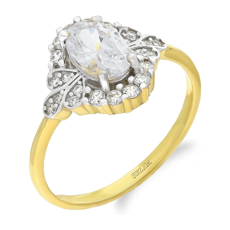 Pierścionek złoty owalna biała cyrkonia i mniejsze cyrkonie wokół DJ 304 ZIR próba 375