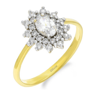 Pierścionek złoty owalna biała cyrkonia i mniejsze cyrkonie wokół DJ 368 ZIR próba 375