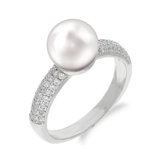 Pierścionek srebrny biała perła i cyrkonie w szynie PA005 próba 925