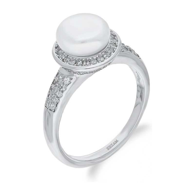 Pierścionek srebrny biała perła na kole z cyrkoniami PA027 próba 925