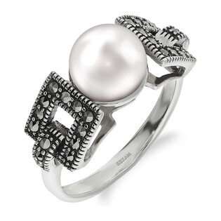 Pierścionek srebrny biała perła i kwadraty z markazytami PA031 próba 925