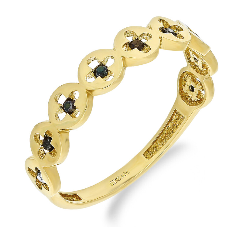 Pierścionek złoty obrączkowy kwiaty z czarnymi cyrkoniami S3 ZDY-004 black próba 585