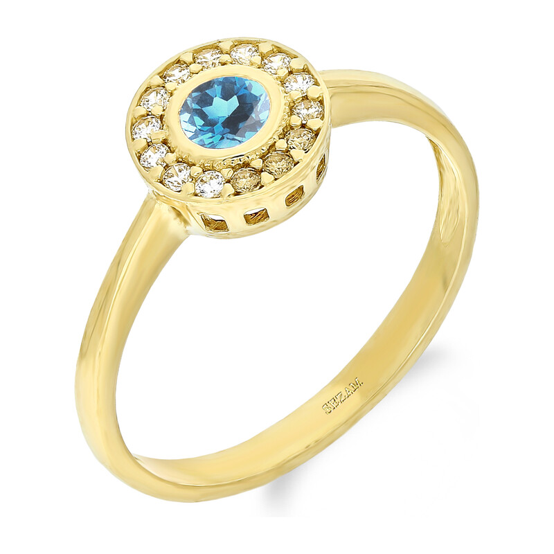 Pierścionek złoty jasno-niebieska cyrkonia i białe cyrkonie ZQ 510 TOP próba 585