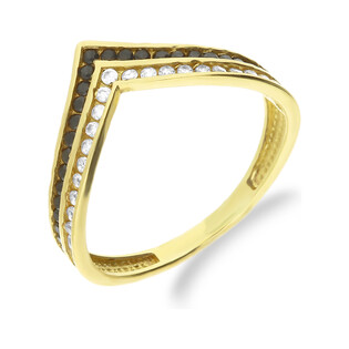 Pierścionek złoty z białymi i czarnymi cyrkoniami w szpic MZ T5-R-308-CZ próba 375