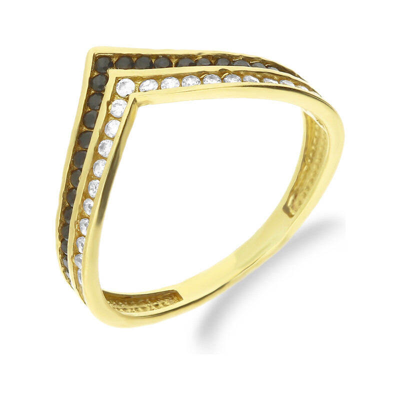 Pierścionek złoty z białymi i czarnymi cyrkoniami w szpic MZ T5-R-308-CZ próba 375