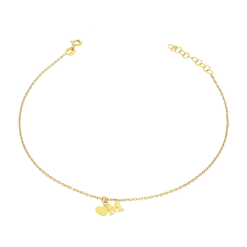 Bransoleta pozłacana na nogę serce z literką M TB 17315 M z sercem bl-anker próba 925