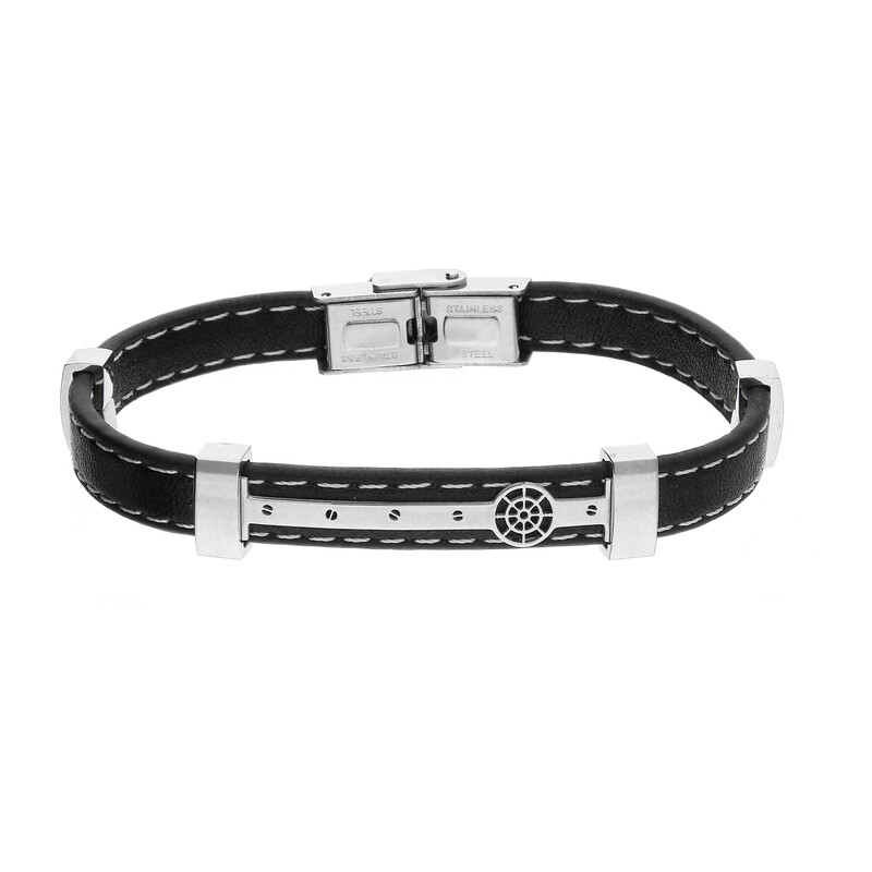 Bransoleta męska blaszka ze sterem na czarnym pasku EX009 BLACK