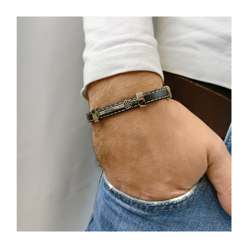Bransoleta męska blaszka ze sterem na czarnym pasku EX009 BLACK