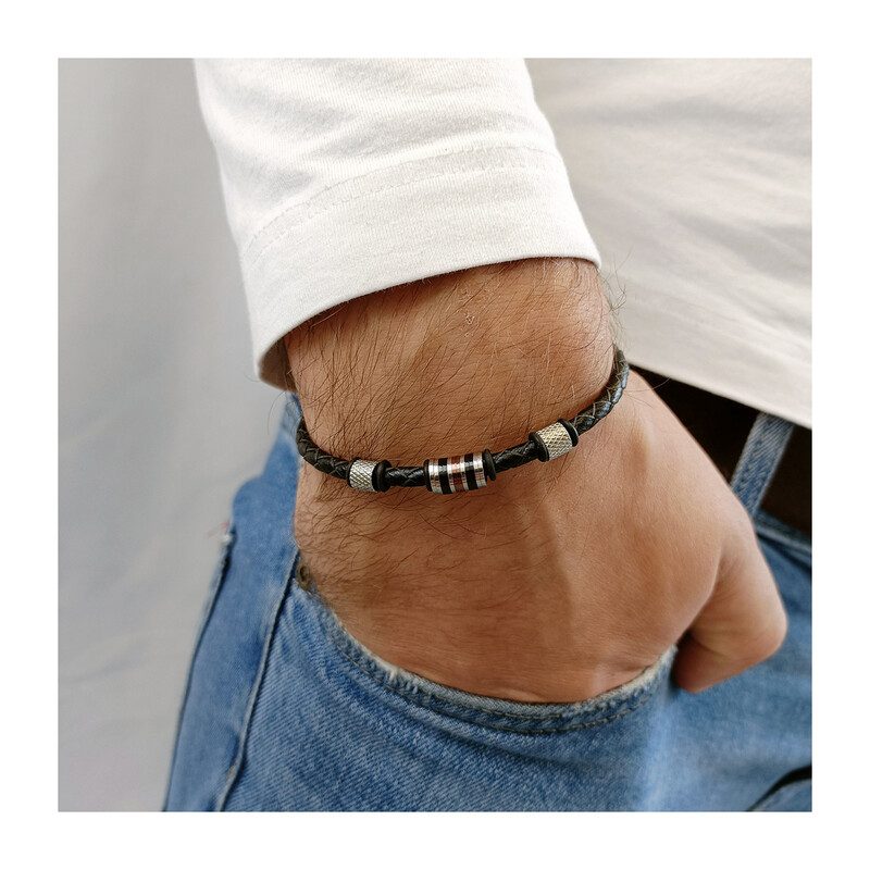 Bransoleta męska walec z kratą i mniejsze walce EX019 BLACK