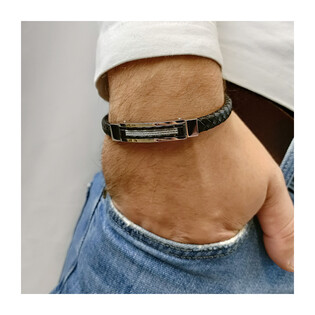 Bransoleta męska prostokąt z linkami na czarnej plecionce BRX1568 BLACK