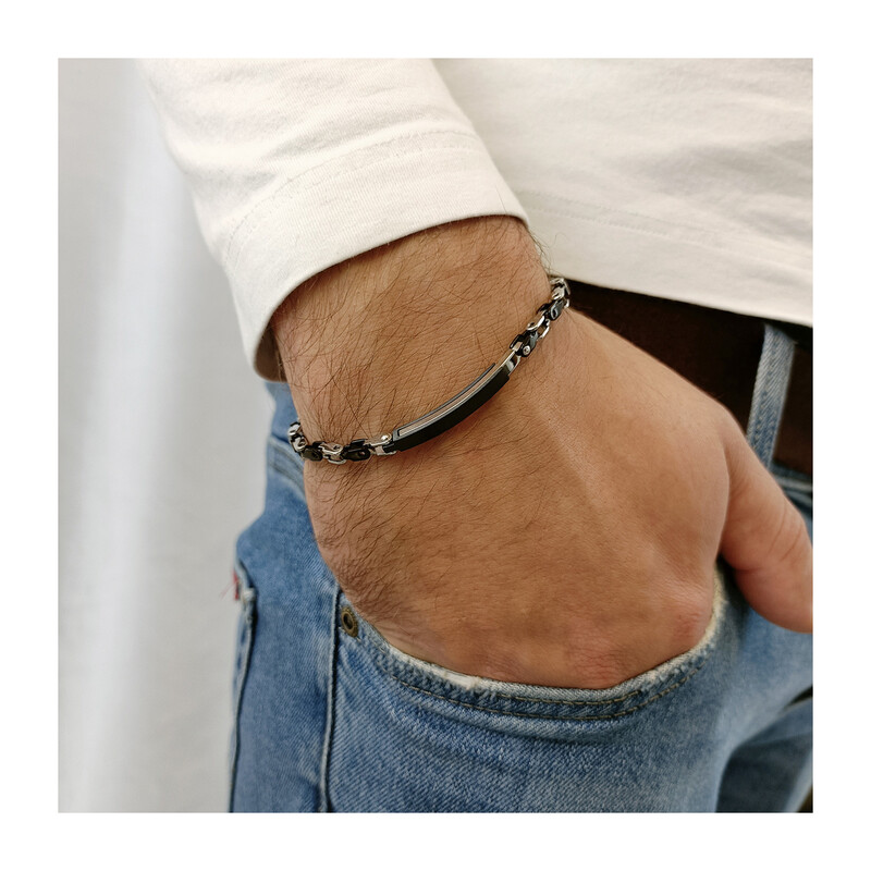 Bransoleta męska czarna blaszka i prostokątne ramki EX066