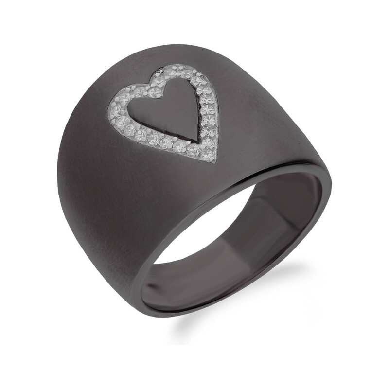 Pierścionek srebrny rutenowany szeroki z sercem z cyrkoniami JA908 RUTEN próba 925