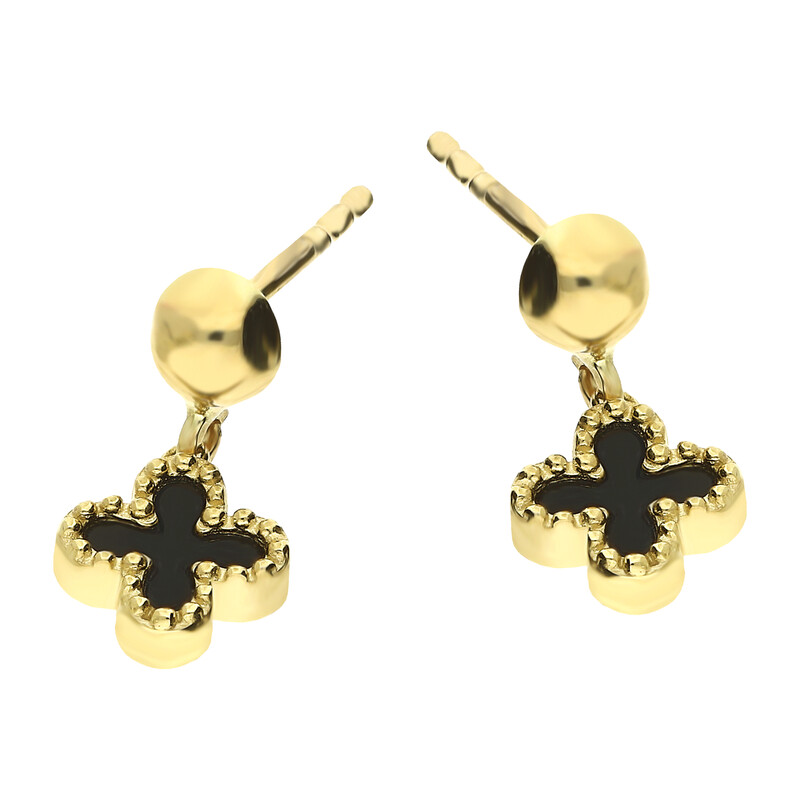 Kolczyki złote koniczyna z czarną emalią i kulkami bead/sztyft AR KR(X-X3)E0661-AC próba 375