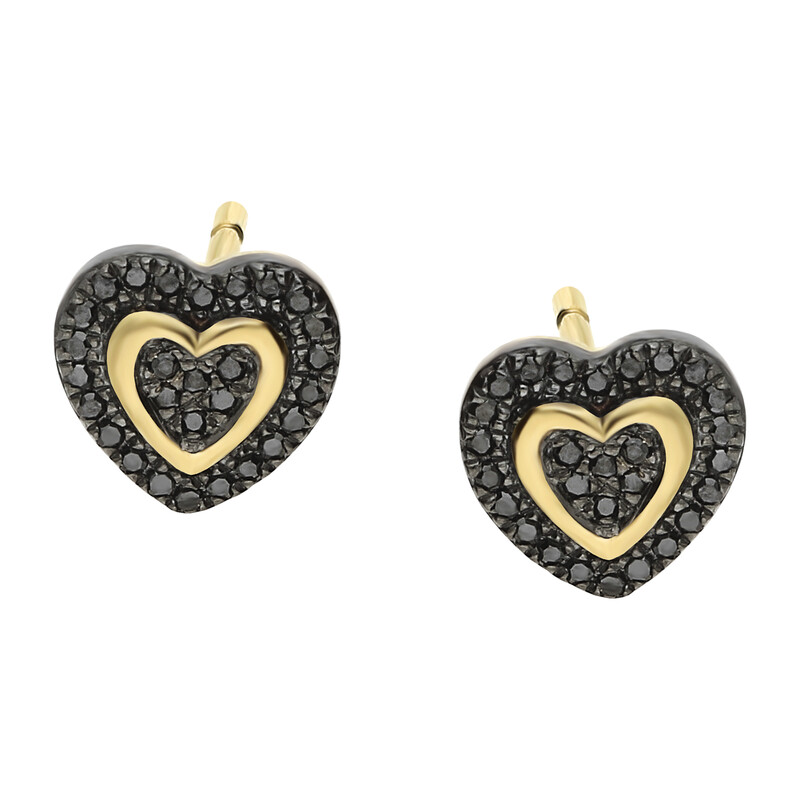 Kolczyki złote serce z drugim sercem i czarnymi diamentami/sztyft AW 79585 Y-08917 Y-BL próba 585