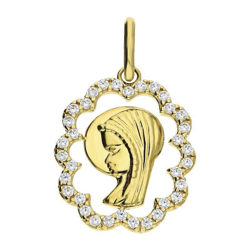 Medalik złoty główka Matki Boskiej w owalnej falbance z cyrkoniami DJ CPP-129 M-02 próba 585
