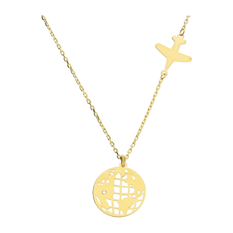 Naszyjnik złoty kula ziemska z diamentem i samolot/anker BE C-56 próba 585