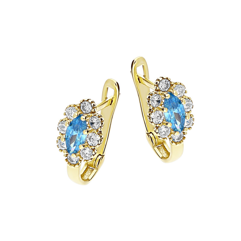 Kolczyki złote dla dziewczynki markiza z niebieską cyrkonią próba 585