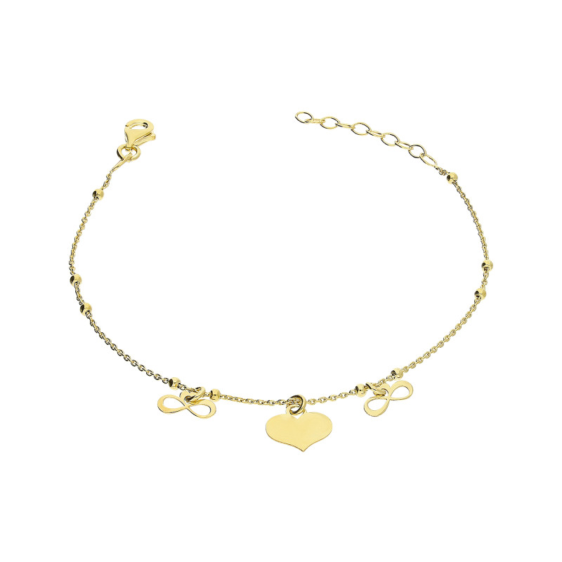 Bransoleta srebrna pozłacana wiszące serce i infinity
