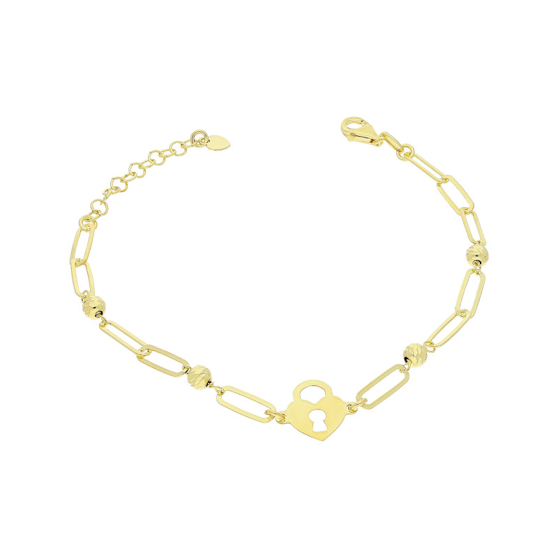 Bransoleta pozłacana serce kłódka i grawerowane kulki/anker NI BRN32392 GOLD próba 925