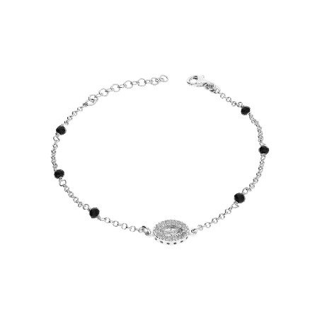 Bransoleta srebrna medalik z cyrkoniami i czarne szklane kulki NI XBR10843 ROD próba 925