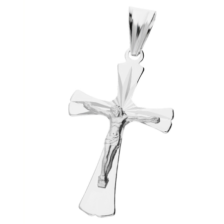 Krzyżyk srebrny rodowany z wizerunkiem i rozszerzonymi ramionami MV GKD065 rod próba 925
