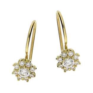 Kolczyki złote dla dziewczynki kwiatek z białymi cyrkoniami próba 585