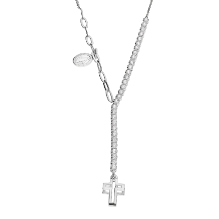 Naszyjnik srebrny krzyżyk, anker long i białe cyrkonie/krawatówka NI GIA13424C-1 ROD próba 925