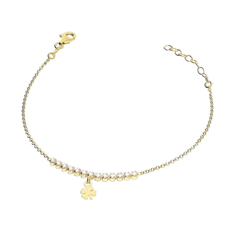 Bransoleta pozłacana rząd białych cyrkonii i koniczynka/rolo NI BRN34124 GOLD próba 925