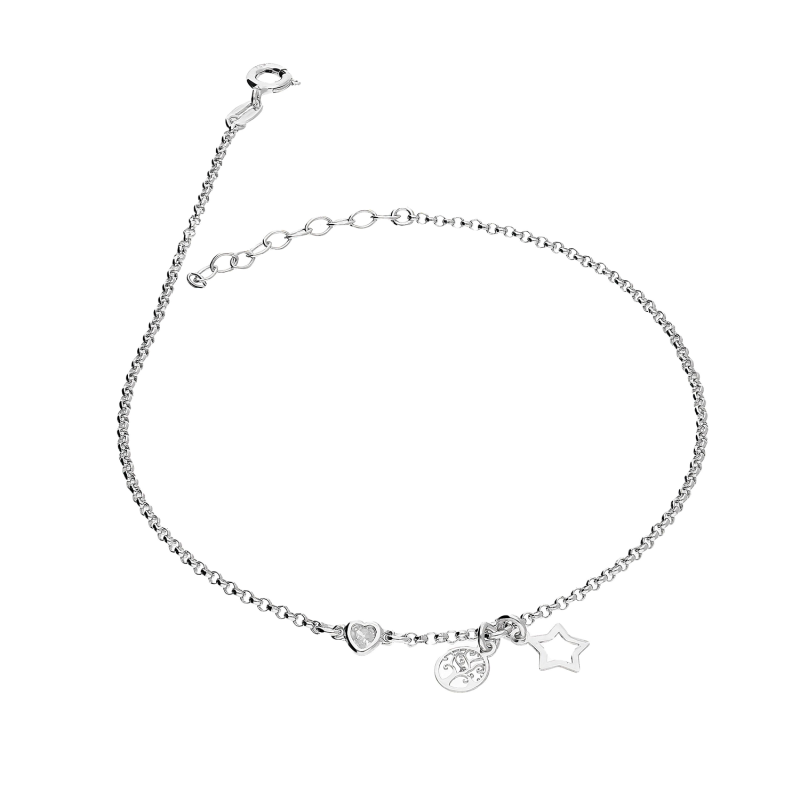 Bransoleta srebrna na nogę gwiazdka, drzewko i cyrkonia NI CA1913 gwia.+drzew.wisz+cyr próba 925