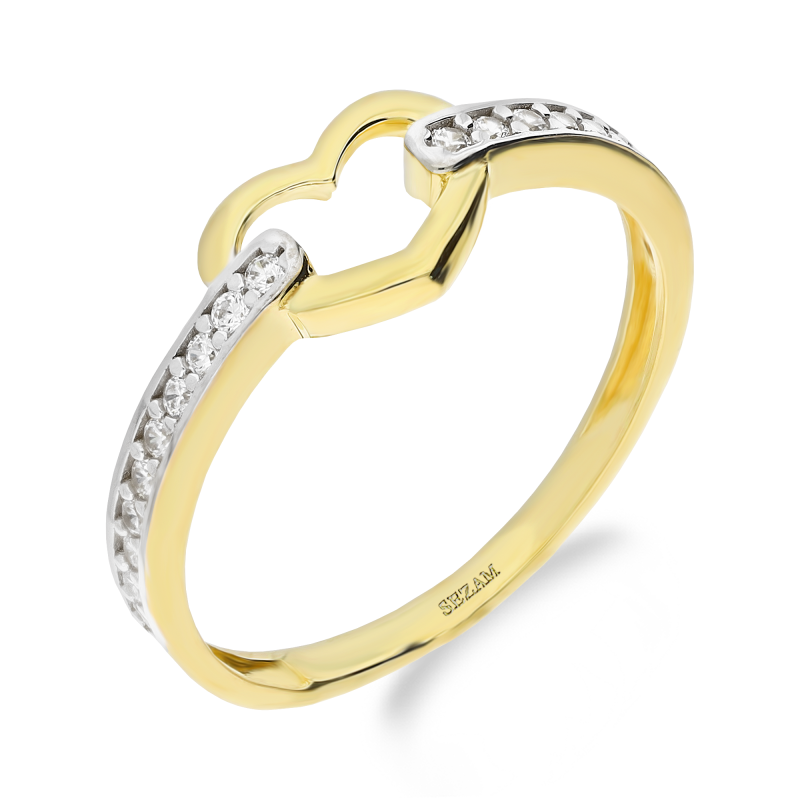 Pierścionek złoty serce złapane w szynie z cyrkoniami