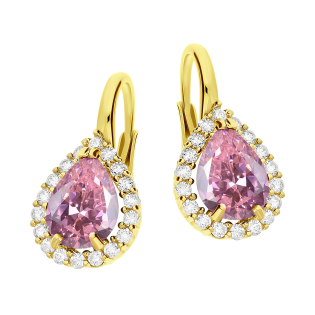 Kolczyki złote kropla z jasno-różową i białymi cyrkoniami OS 96-3136 RFR próba 585