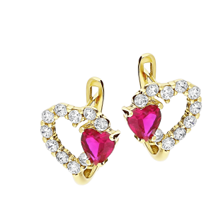 Kolczyki dla dziewczynki z serduszkiem z różowej cyrkonii, złoto próby 585