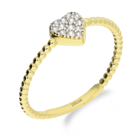 Pierścionek złoty serce z cyrkoniami i kulki na szynie