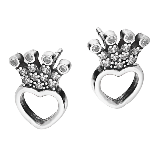 Kolczyki srebrne serce z koroną z cyrkoniami/sztyft A0915 próba 925