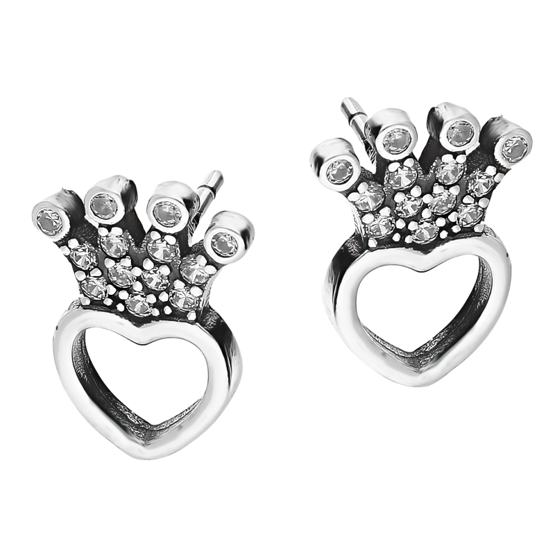 Kolczyki srebrne serce z koroną z cyrkoniami/sztyft A0915 próba 925