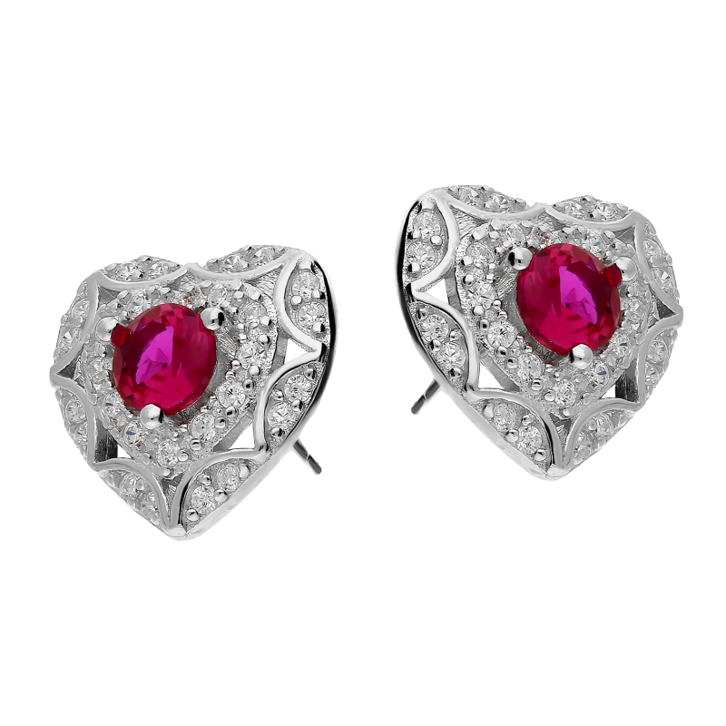 Kolczyki srebrne serca z różową cyrkonią w środku/sztyft TB 19422 próba 925