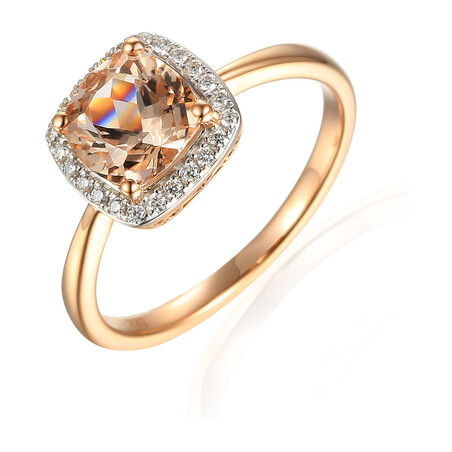 Pierścionek z różowego złota z morganitem i diamentami AW 58266 R-MO CUSHION próba 585