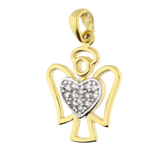 Medalik złoty anioł ramka z sercem z cyrkoniami próba 585