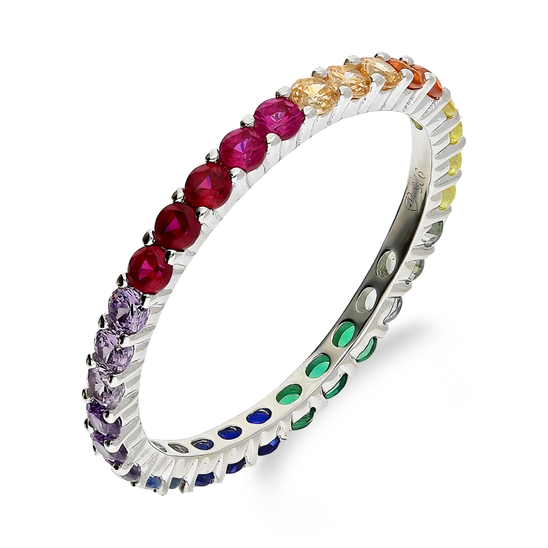 Pierścionek srebrny obrączka miłości z kolorowymi cyrkoniami HS490 mix próba 925