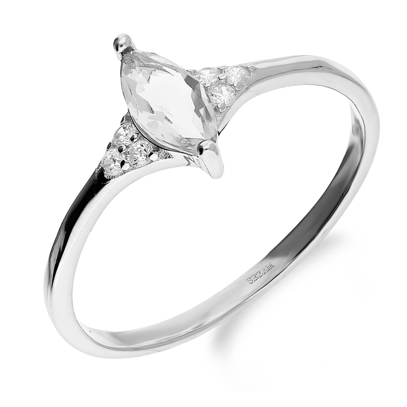 Pierścionek srebrny biała cyrkonia w kształcie łezki i mniejsze cyrkonie HS1557 próba 925