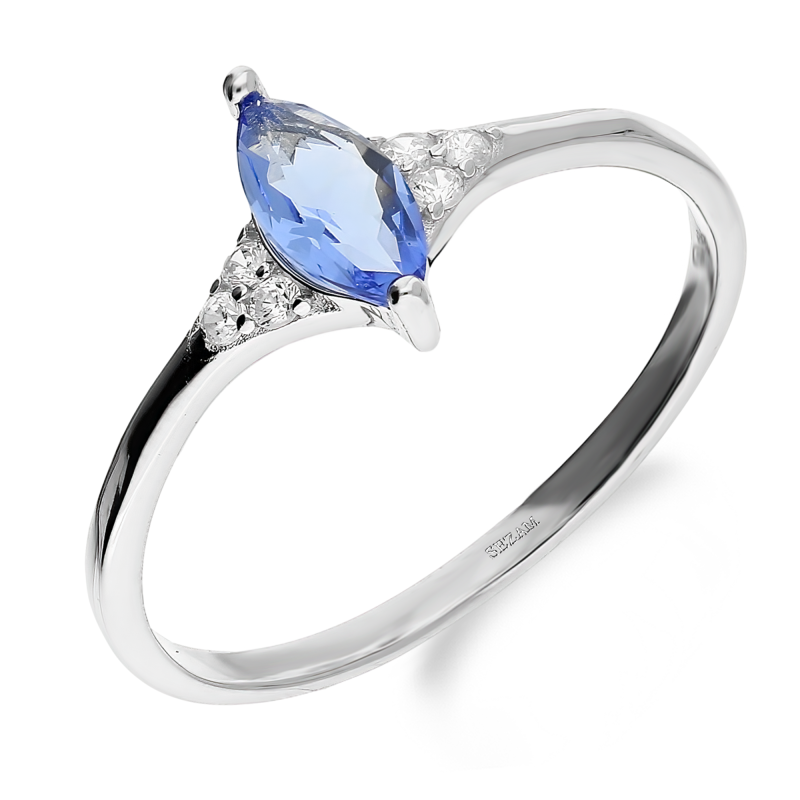 Pierścionek srebrny łezka z niebieską cyrkonią i białe cyrkonie HS1557 j.niebieski próba 925